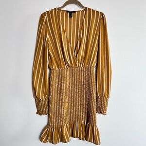 NEW Mustard Yellow White Striped Ruched Wrap Long Sleeve Wrap Dress Small S​